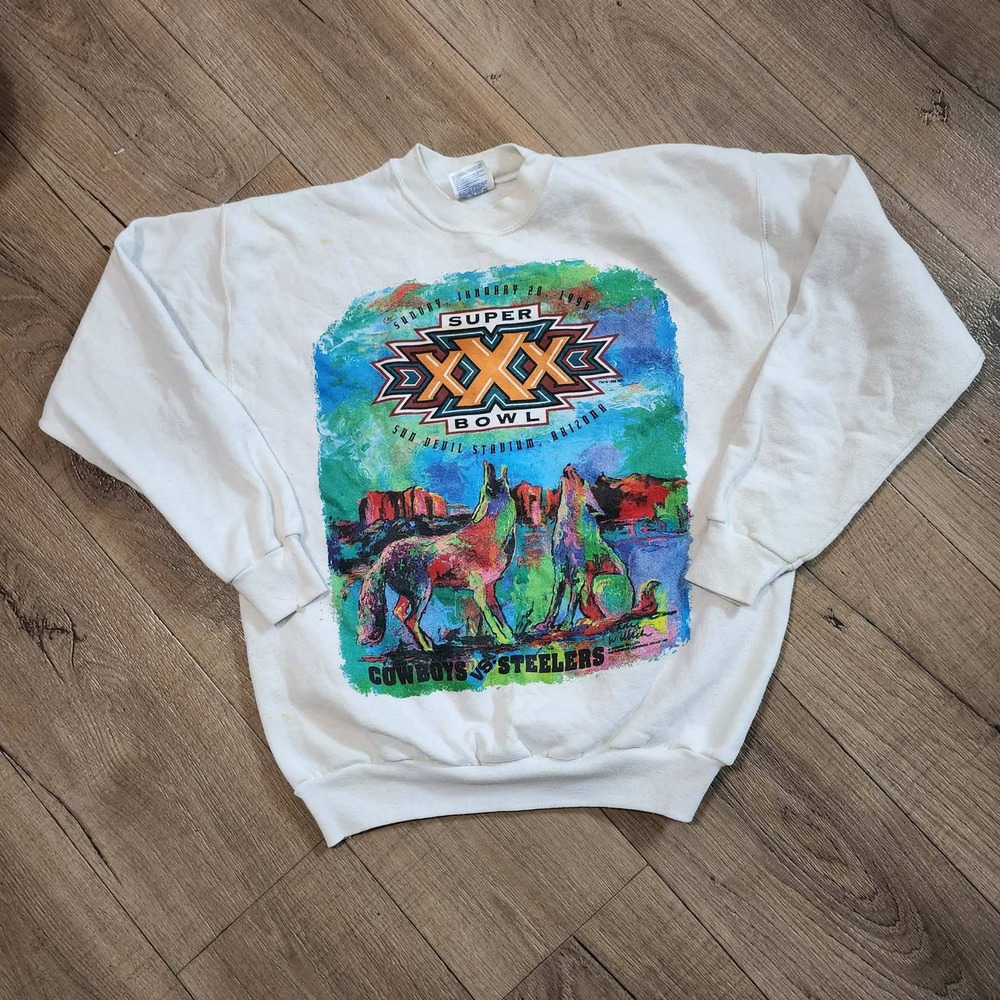 Vintage 1996 Super Bowl‎ XXX Sweatshirt Mens L Cowboys vs Steelers Hanes White